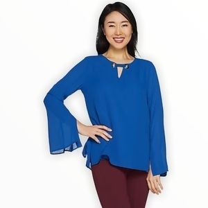 Laurie Felt Royal Blue Chiffon Blouse with Link Neck Detail Size Medium
